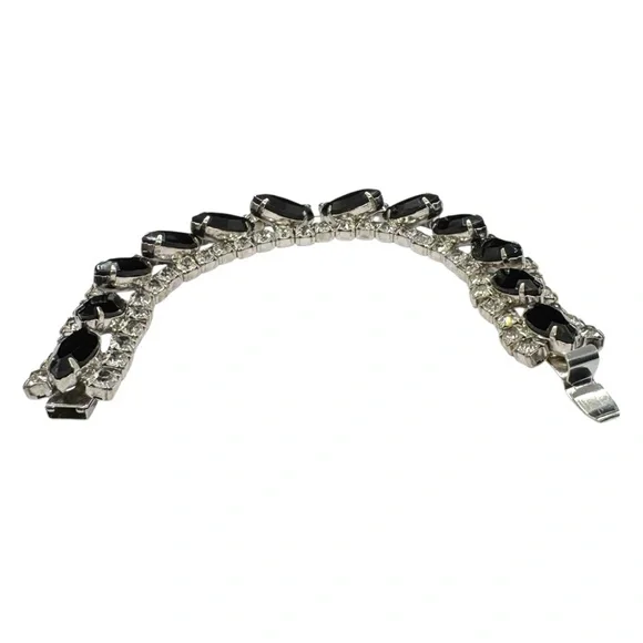Vintage Domed Black Glass Marquis & Clear Rhinestone Bracelet - Picture 4 of 10